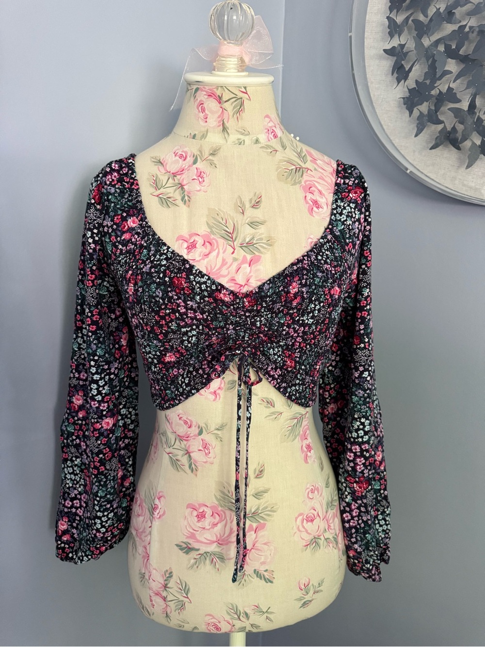 Aeropostale Black Floral Long Sleeve Crop Top with Pink, Purple and Teal Accents